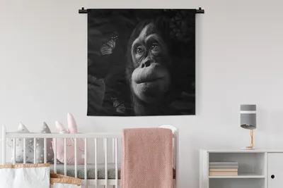 Produktbild von MuchoWow® Wandteppich Wandbehang Schmetterling - Affe - Dschungel - Schwarz - Weiß 90x90 cm Tapisserie Dekoration Wandtuch - Wandaufhänger
