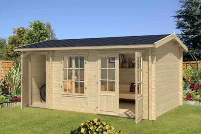 Produktbild von Gartenhaus G220 inkl. Fußboden - 44 mm Blockbohlenhaus, Grundfläche: 14,55 m², Satteldach