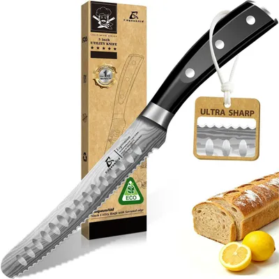 Immagine prodotto di Coltello multiuso da 5 pollici, lama in acciaio tedesco forgiato, seghettato, punta arrotondata, impugnatura ergonomica, lama a codolo intero, colore nero, 13 cm