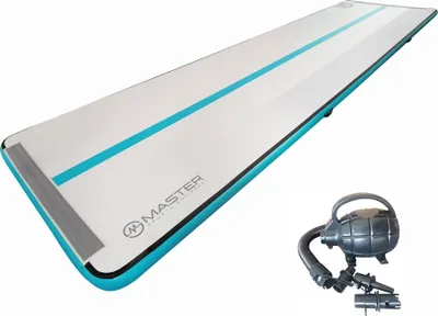 An inflatable airtrack and an electric pump are shown against a white background.