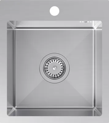 A top-down view of a stainless steel kitchen sink.