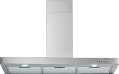 A stainless steel range hood is shown against a white background.