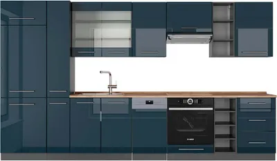 Produktbild von Küchenzeile Vicco Fame-Line Dunkelblau Hochglanz/Anthrazit 355 cm , AP Eiche, Model 49366