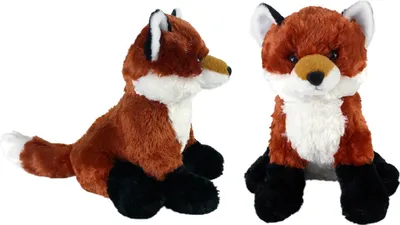 Two plush toy foxes are shown against a white background.