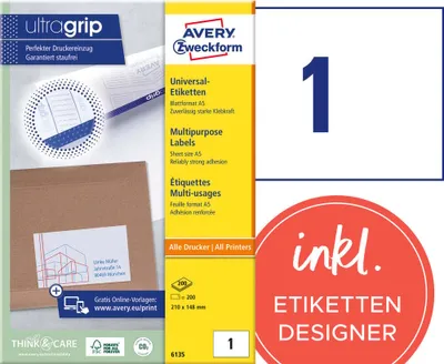 Obrázok produktu pre Univerzálne etikety AVERY Zweckform 6135 (s ultragrip, 210 x 148 mm na DIN A5 na šírku, matný papier, potlačiteľné, samolepiace, 200 samolepiacich etikiet na 200 listoch) biela