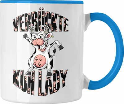 Produktbild von Trendation - Lustige Tasse Geschenk Frauen "Verrückte Kuhlady" Bauernhof Bäuerin (Blau)