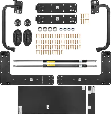 A collection of hardware components for a Murphy bed, including brackets, screws, gas struts, and mounting plates, laid out on a white background.
