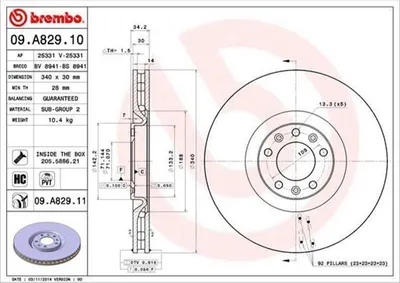 Produktbild von 2x BREMBO Bremsscheibe 09.A829.11 passend für PEUGEOT RCZ Coupe 34mm 340mm