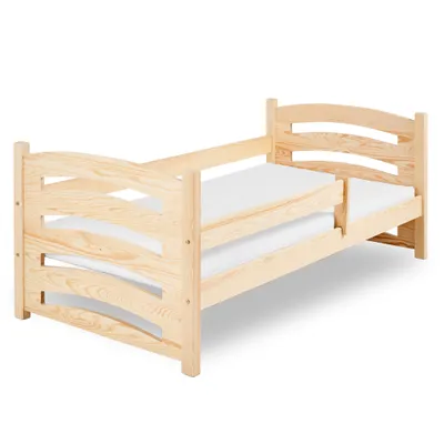 A wooden children's bed with two mattresses.