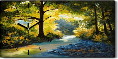 Produktbild von Wohnzimmer-Bild Leinwand Uhr Geräuschlos 60x30 Ölgemälde Wald Bäume Blumen Kunst - schwarze Hände