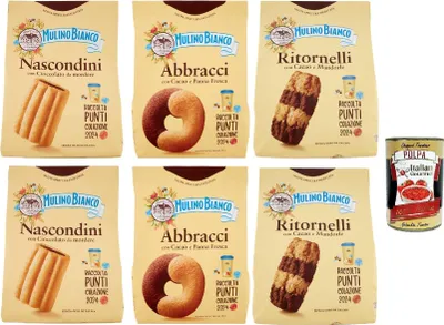 Produktbild von Mulino Bianco Testpaket, Nascondini Abbracci Ritornelli, Biscotti con Cioccolato, Kekse mit Schokolade, cookies biscuits, 2x 600 g 4x 700g + Italian Gourmet polpa 400g