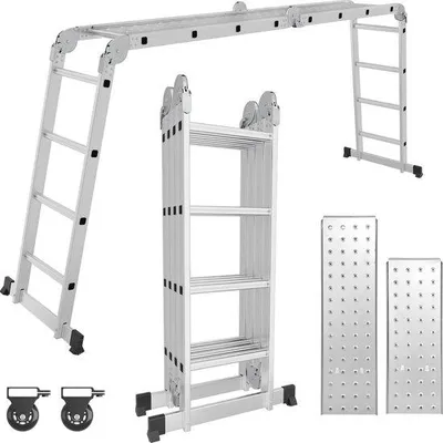 Produktbild von Famanu Aluminiumleiter 7-in-1 - 470 cm, faltbar, stabil, mit Rädern, 12 Stufen, rutschfestes Plattform