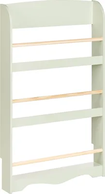 A light green wooden bookshelf with three shelves.