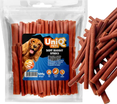 Imagen del producto de Delikatesse, snack para perros, palitos suaves de conejo, UniQ, 500g