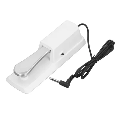 A white sustain pedal for a piano or keyboard, shown from a slightly elevated angle against a white background.