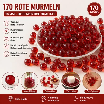 170 rote Glasmurmeln 16 mm aus hochwertigem Glas. Transparente Murmeln für Vase, Deko, Basteln, KI-generiertes Bild