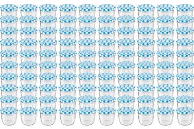 Zdjęcie produktu dla Słoiki WELLGRO, niebieskie w kratkę, 230 ml z zakrętką - pojemność 230 ml, wymiary 8,5 x 6,5 cm (średnica x wysokość), szkło / metal, niebieskie zakrętki w kratkę. Numer produktu: 82. Wyprodukowano w Niemczech. Dostępne różne ilości. Ilość: 100 sztuk