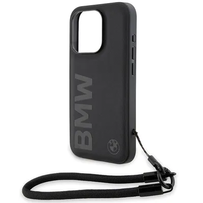 Produktbild von BMW BMHCP15L23RMRLK iPhone 15 Pro 6.1 schwarz/schwarz Hartschalenetui mit Logo-Lederkordel