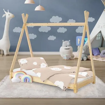 Produktbild von Kinderbett Tipi 70 x 140 cm mit Lattenrost, Natur, Indianer Bett aus massivem Kiefernholz, Hausbett für Mädchen und Jungen, Bodenbett Kinderhaus Jugendbett Holzbett Bettenhaus Spielbett Zelt