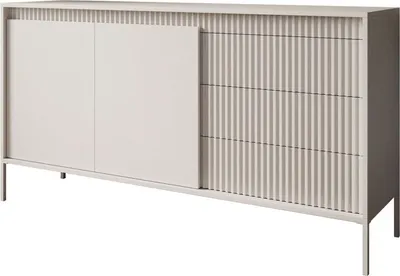 A beige sideboard with two doors and three drawers, presented on a white background.
