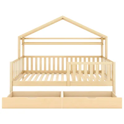 Produktbild von Kinderbett mit Schubladen Lattenrost Kiefernholz Hausbett Jugendbett für Kinder und Jugendzimmer 90x200cm Natur