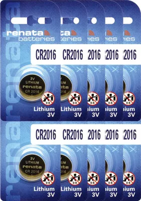 A product shot of multiple blister packs of Renata CR2016 lithium coin cell batteries.