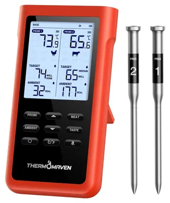 Zdjęcie produktu dla Termometr do mięsa bezprzewodowy - 2 sondy - Bez aplikacji - Zasięg 914 m - Wyświetlacz LCD - Do grilla i piekarnika