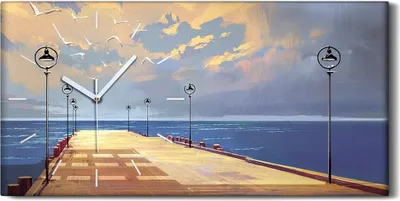 Produktbild von Wanduhr Leinwand Bild Uhr Geräuschlos 60x30 Brücke zum Meer schöner Himmel - weiße Hände