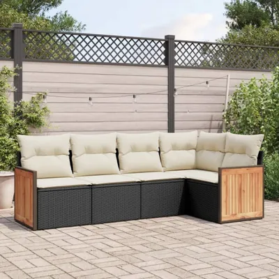 Produktbild von Design 5-tlg. Garten-Sofagarnitur mit Kissen Schwarz Poly Rattan, Gartenmöbel-Sets 2024 Neu