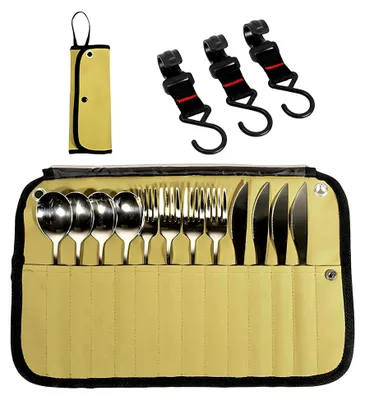 Produktbild von Bestecktasche für Camping, Tragbare Bestecktasche für Unterwegs, Besteckbeutel mit 3 Haken, Messertasche, Löffeltasche, Aufbewahrung für Silberbesteck beim Picknick