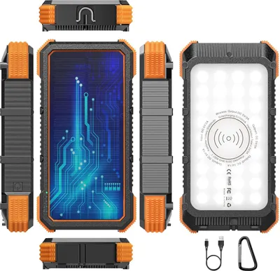 Immagine prodotto di Powerbank solare - Powerbank esterno da 32000 mAh - Ricarica rapida - Ricarica wireless - Uscite USB e USB-C - Torcia LED con 36 LED e 3 modalità