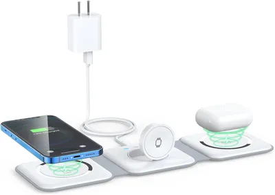 Produktbild von Wireless Charger 3 in 1,magnetische faltbare Ladestation, schnelles kabelloses Ladepad,kompatibel mit iPhone 13/12/11/8/SE/XS/Max, iWatch, AirPods 3/2/Pro und Samsung (Weiss, mit Adapter )