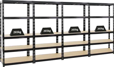 Produktbild von Mega Deal | 4x Schwerlastregal Tiger | HxBxT 180x90x45 cm |  Fachlast 265kg | Schwarz