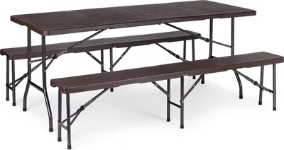 Produktbild von Cateringtisch 180cm + 2 Bänke Bankettset braun ModernHome