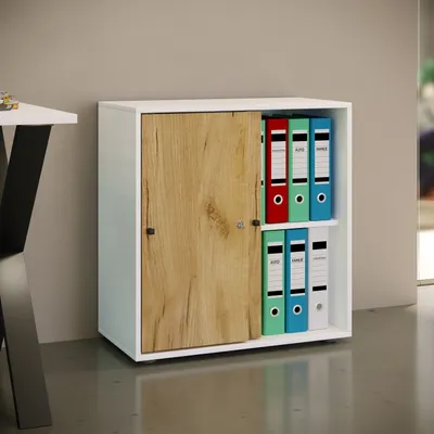 Produktbild von VCM Büroschrank mit 2 Fächern | moderner Aktenschrank mit Schiebetüren und Schloss | Maße ca. B. 70 x  H. 73 x T. 37 cm – Lona 2-Fach abschließbar