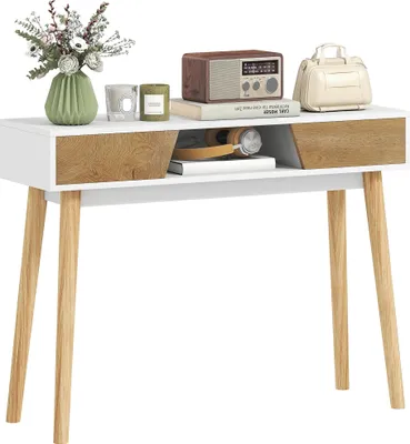 Image de Console d'entrée - Table d'appoint - 100x30x75 cm - 2 tiroirs - Compartiment ouvert - Rectangulaire - Bois - Blanc