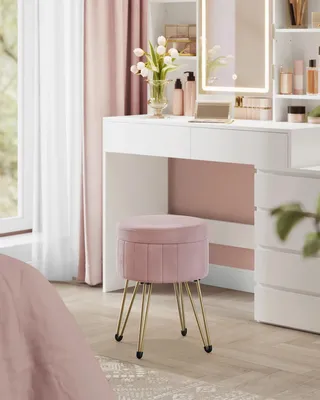 Produktbild von Sitzhocker - Schminktischhocker aus Samt - 4 Metallbeine - Montage erforderlich - Für Schlafzimmer, Wohnzimmer, Ankleidezimmer - Rosa