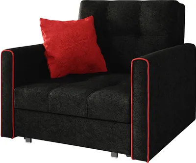 A black sofa with a red pillow on a white background.