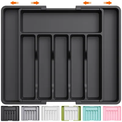 Besteckkasten ausziehbar 33-57x38 cm Schwarz 8 Fächer