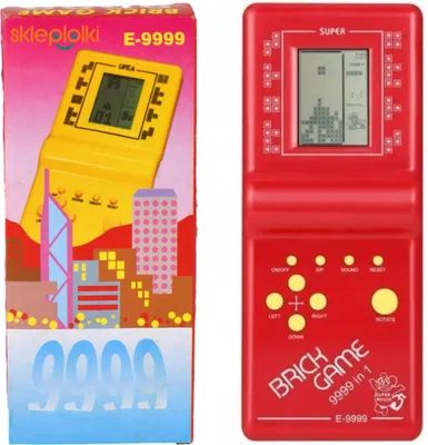 A product box and the electronic game console itself are displayed side-by-side.