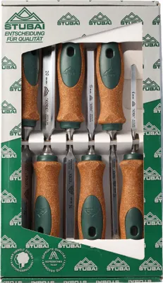 Produktbild von Stemmeisensatz Korkheft, 6-teiliges Set (6,10,13,16,20,26mm) Stemmeisen mit rutschfestem Korkgriff aus nachhaltiger Herstellung, STUBAI Stechbeitel zur präzisen Holzbearbeitung, Spezial Stecheisen
