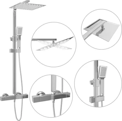 A collage of images showing a modern stainless steel shower set with a rain shower head and a handheld shower head.