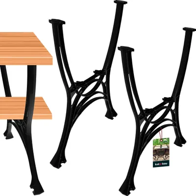 Two black metal table legs are shown next to a partial view of a wooden tabletop and shelf.
