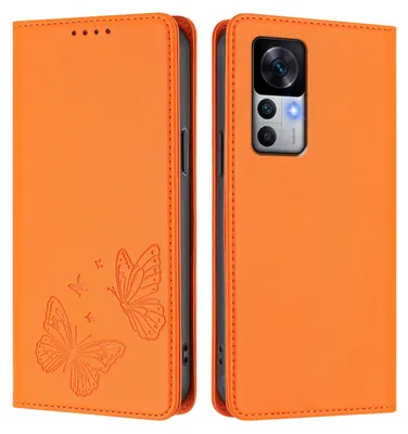 Obrázek produktu pro Kožené pouzdro pro Xiaomi 12T /Xiaomi 12T Pro, motýlí ražbou, peněženkové flip pouzdro se stojánkem Oranžová
