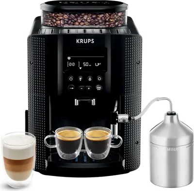 A black Krups coffee machine with a milk frother and two cups of espresso.