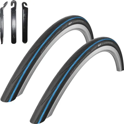 Produktbild von 2 x Schwalbe Lugano 28" Rennradreifen Reifen Schwarz - blauer Streifen 700 x 25C (25-622) inkl. 3 Reifenheber