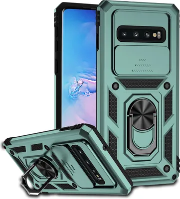 Immagine prodotto di Custodia per Samsung Galaxy S10 a doppio strato con copertura scorrevole della fotocamera e supporto ad anello verde