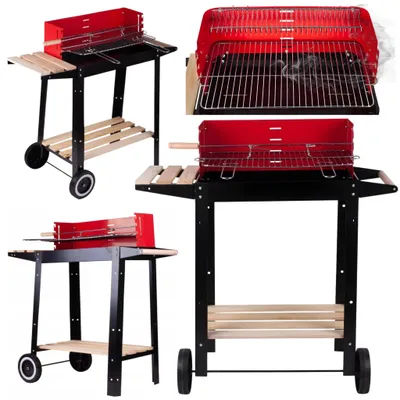 Zdjęcie produktu dla Grill Węglowy Ogrodowy Na Kółkach Z Rożnem Półki Drewniane Ruszt 48x26cm, productTiles.product.images.aiGenerated