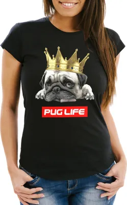 Produktbild von Damen T-Shirt Pug Life Mops mit Krone Slim Fit Moonworks® schwarz XS