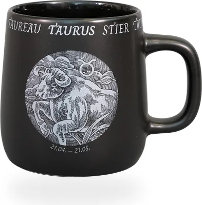 Produktbild von Könitz Kaffeetasse Sternzeichen Stier. Teetasse 395ml Bone China Porzellan. Design schwarz, vintage
